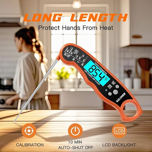 KULUNER TP-01 Waterproof Digital Instant Read Meat Thermometer with 4.6 Folding Probe Backlight Calibration Function for Cooking Food Candy, BBQ Grill, Liquids,Beef(Orange)