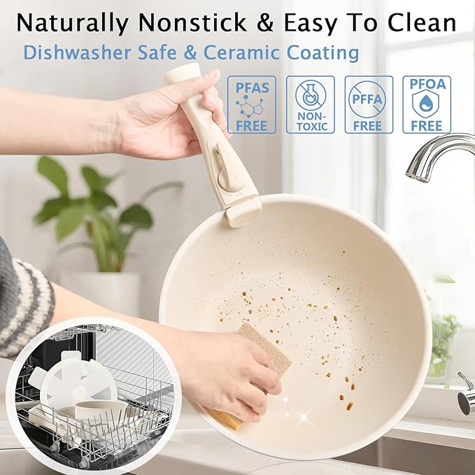 7Pcs Non Stick Pots and Pans Set, Ceramic Cookware Set with Detachable Handle, PFAS-Free, Oven & Induction Safe (White)