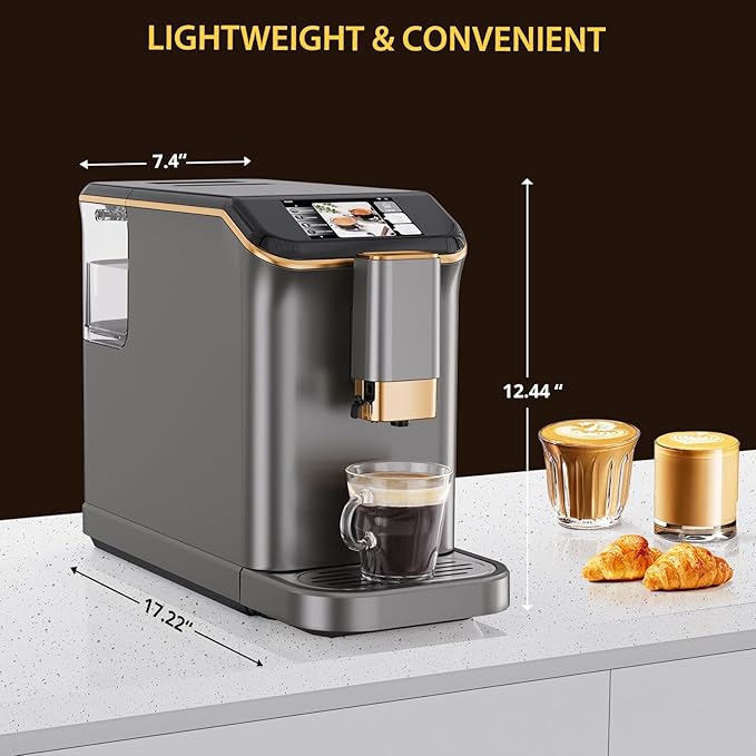 Fully Automatic Espresso Machine with Smart TFT Touchscreen, Brewing System and Automatic Milk Frothing System, 6 One-Touch Programs, 1.5L Detachable Water Tank for Home/Office Use, Gray&Gold