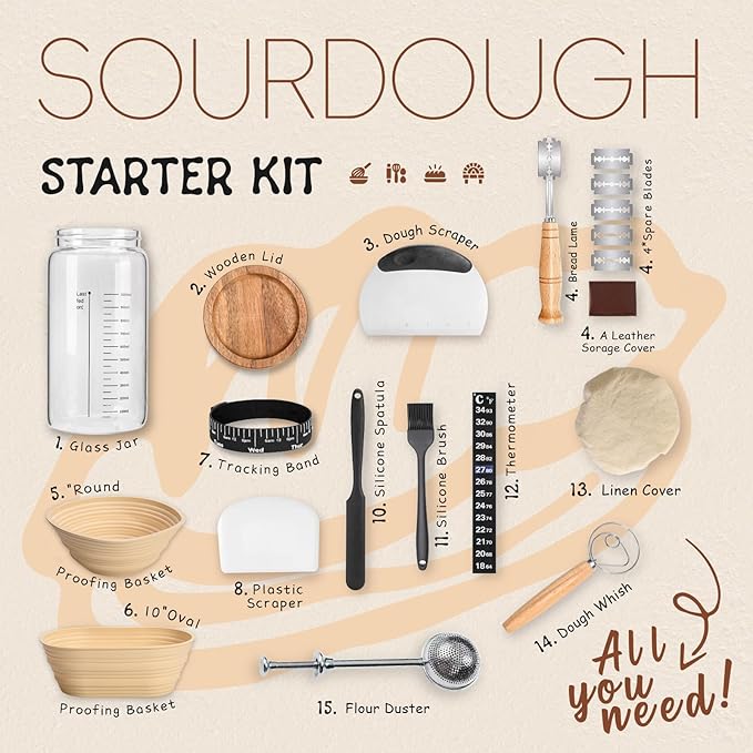Sourdough Bread Baking Supplies and Starter Kit (2 Silicone Banneton Bread Proofing Baskets and a jar)