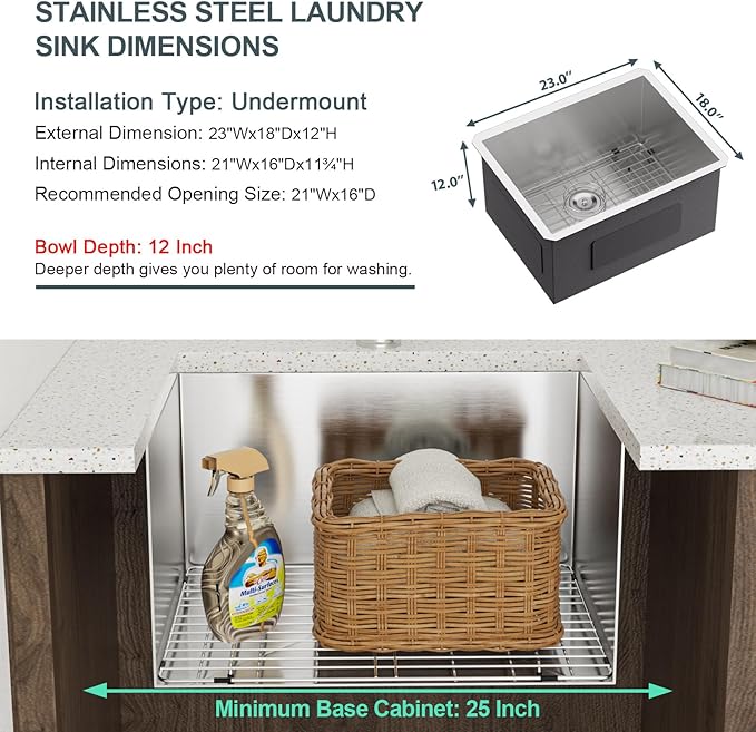 Lordear Undermount Laundry Sink 23" x 18" x 12" Single Bowl 16 Gauge Stainless Steel Deep Laundry Room Utility Kitchen Sinks Basin