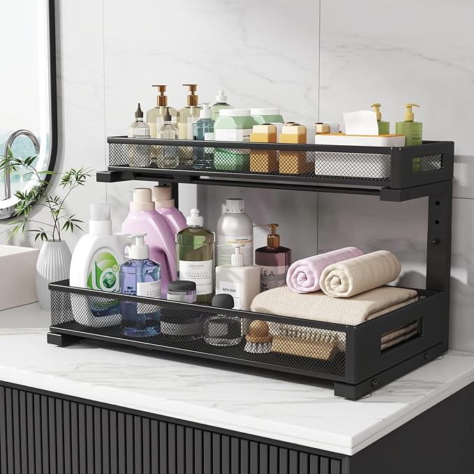 2 Pack 19IN Depth Under Sink Storage Organizer, Large 2-Tier Elegant Mesh Pull Out Shelf for Kitchen and Bathroom Cabinet Organization, L-Shaped and Adjustable Height Design-Black