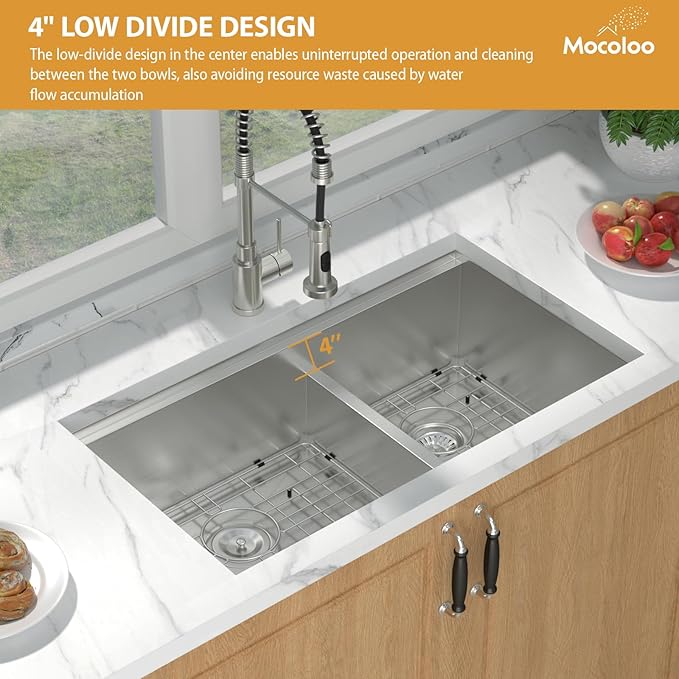 Mocoloo Double Bowl Kitchen Sinks - 60/40 Undermount Double Bowl 16 Gauge Low Divide Workstation 33 x 19 Inch Stainless Steel Kitchen Sink Handmade, 10'' Deep Basin