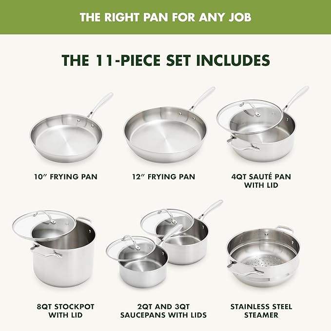 GreenPan11 Piece Stainless Steel Cookware Set, Induction Ready, Measurement Markings, Dishwasher & Oven Safe 600F, Pots & Pans, Sauce, Saute, Frying Pans, Silver