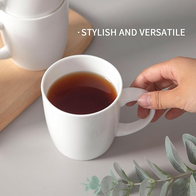 Luxury Bone China Mug Set (12 oz, Set of 4) – White Fine Porcelain Mugs for Tea, Coffee, Latte Art, Barista Use, Elegant Gifting