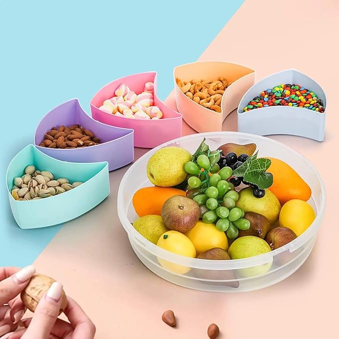 Snack Box Container – 5 Compartment Divided Serving Tray with Lid & Handle for Dry Fruits, Sweets, Nuts, Snacks & More – Portable Food Storage Organizer