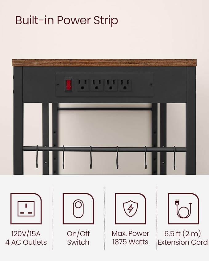 VASAGLE Baker's Rack, Coffee Bar Stand with Charging Station, Storage Shelves, Pull-Out Wire Basket, Table for Microwave, Kitchen, Rustic Brown UKKS036K01, 15.7 x 35.4 x 35.6 Inches