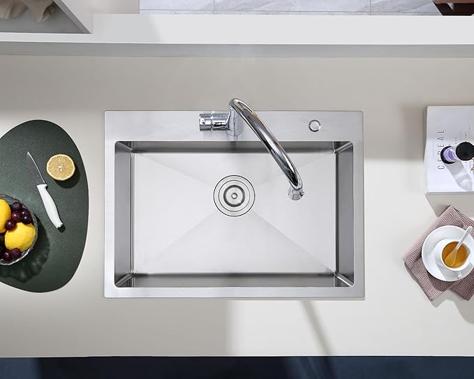 Brushed 25 Inch Drop in Kitchen Sink, 18 Gauge Stainless Steel Single Bowl Kitchen Sink with 2 Faucet Holes, 9'' Deep Basin Bowl with Grid, D25" x W18" x H9"