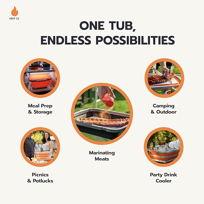 Drip EZ Collapsible BBQ Prep Tub - For Meal Prep Marinating Food Storage - Includes Cutting Board & Locking Lid - (1) OG - Green