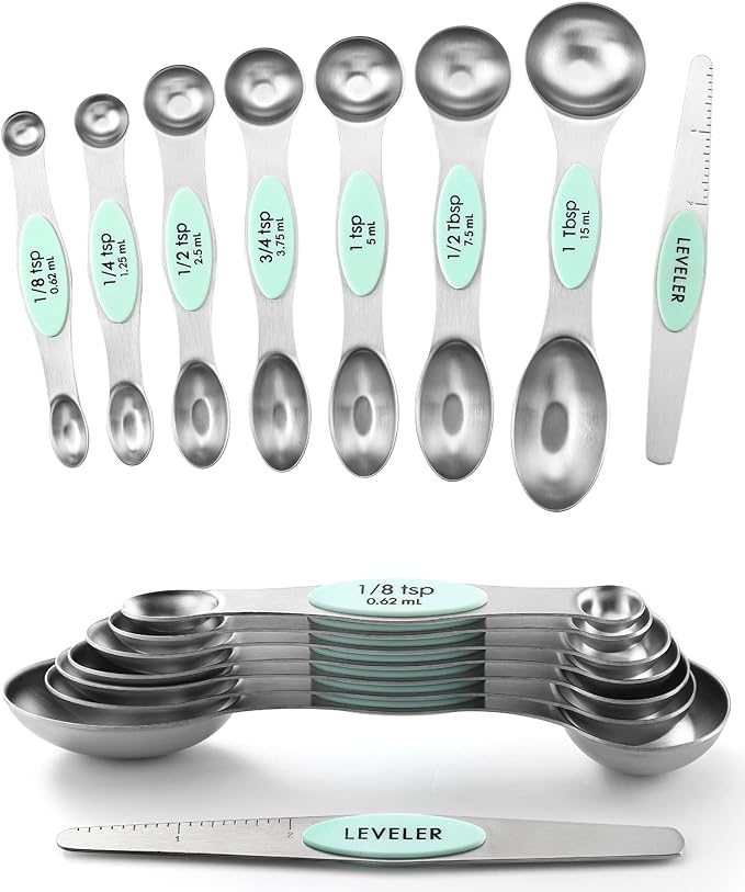 Spring Chef Stainless Steel Magnetic Measuring Spoons Set of 8 with Leveler, Metal Teaspoon & Tablespoon Measuring Spoons, Fits in Spice Jars, Kitchen Gadgets for Baking & Cooking - Set of 2 - Mint