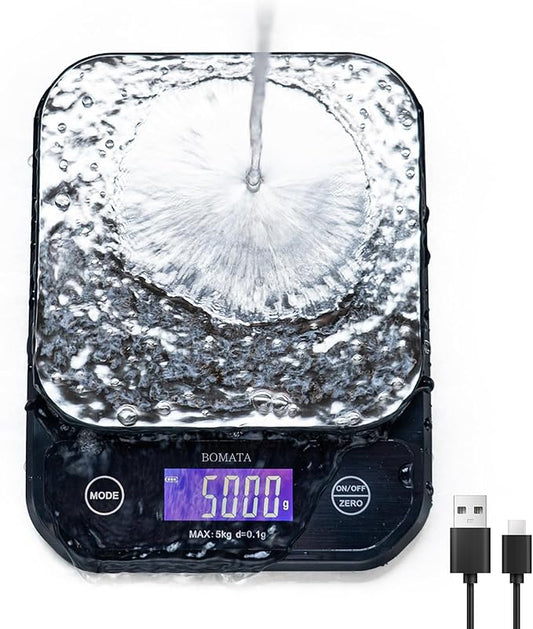 BOMATA Waterproof Kitchen Scale, 0.1g/0.01oz High Precision, 5kg/11lb, Washable, USB Rechargeable, Digital Scale for Food,Cooking, Baking, Weight Loss, Black&Grey