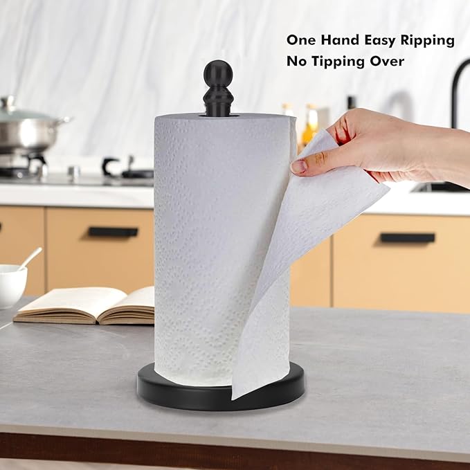 Black Paper Towel Holder Countertop, Standing Paper Towel Roll Holder for Kitchen Bathroom, with Weighted Base for One-Handed Operation, Stainless Steel in Black Matte Finish