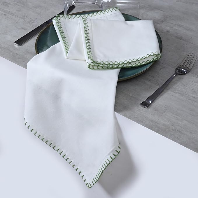 Bedding Craft Cotton Cloth Dinner Napkins Set of 12 – 18x18 Salted Lime Green Cloth Napkins with Blanket Stitch Selvedge – Durable Washable Wedding Napkins for Dining Table, Banquets & Everyday Use