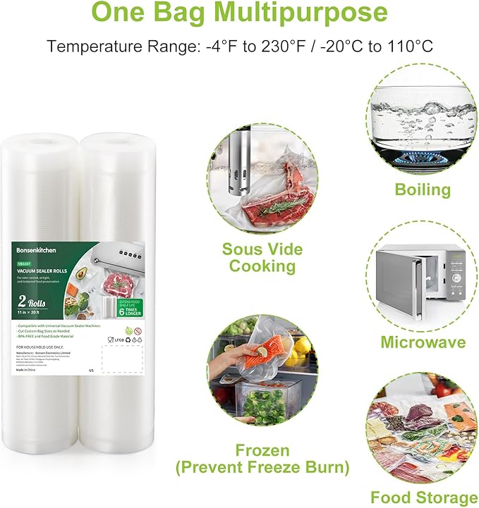 Bonsenkitchen Vacuum Sealer Bags, 11" x 20' Rolls 2 Pack for Food Storage Saver, Bpa Free, Heavy Duty, Commercial Grade Textured Food Roll, Customized Size Bag for Sous Vide Cooking, VB3207