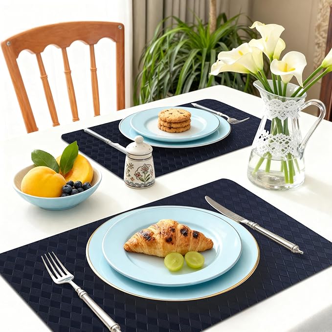 Vinyl Placemats Set of 6-12×17.7 Inch Waterproof & Heattable Placemats, Fall Faux Leather Wipeable Outdoor Table Mat for Dining, Kitchen, Indoor Outdoor Use (Dark Blue, Diamond Pattern)