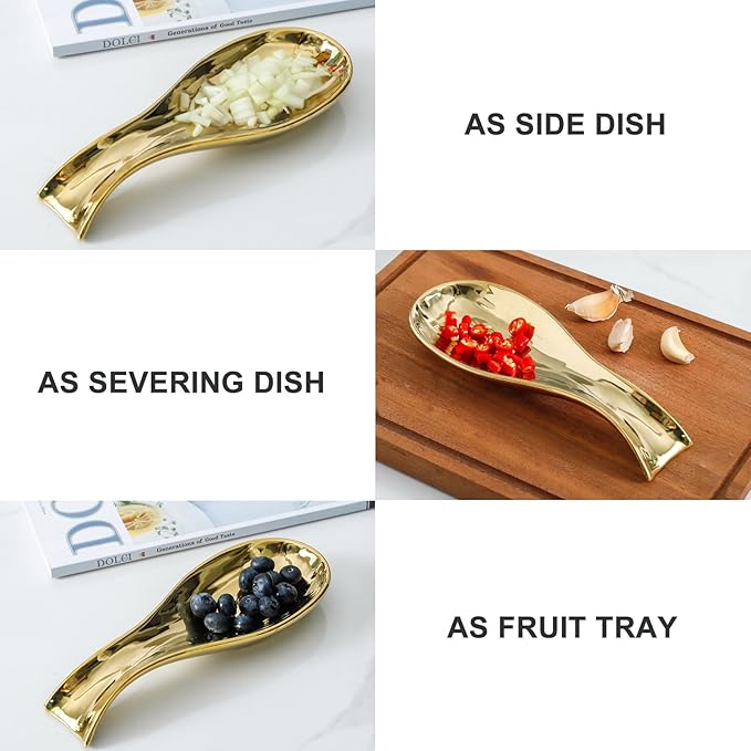 Spoon Rest for Kitchen Counter and Stove Top, Hasense Porcelain Spoon Holder for Ladle Spatula and Tong, Large Cooking Utensil Rest for Home Kitchen and Coffee Bar Decoration, Gold