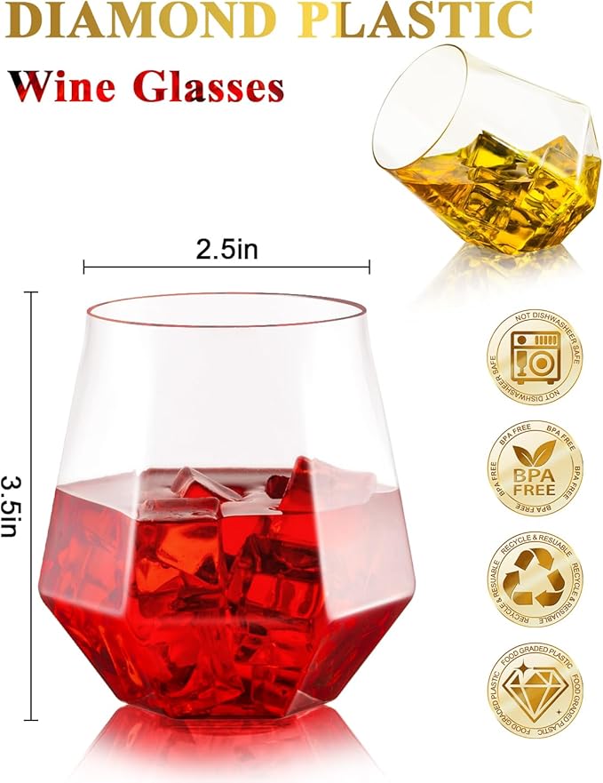 40 PCS Clear 12 Oz Plastic Wine Whiskey Glasses, Diamond Stemless Unbreakable Disposable Wine Glasses for Parties, Ideal for Weddings, Christmas, Halloween,Holidays,pool party,Daily Use