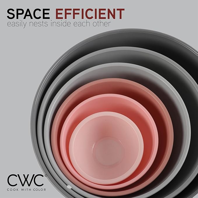 COOK WITH COLOR Mixing Bowls with Lids - 12 Piece Plastic Nesting Bowls Set includes 6 Prep Bowls and 6 Lids, Non Slip Bottom and Embossed Design - Microwave Safe (Pink)