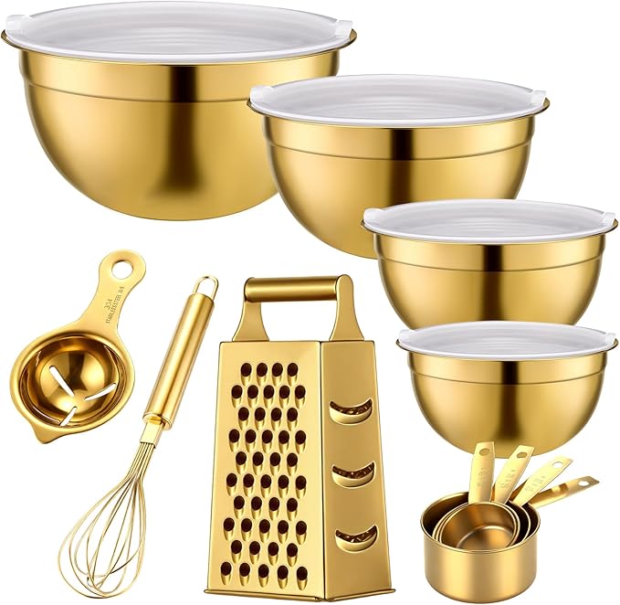 LemonRoad 8 Pcs Gold Kitchen Accessories Set Includes 1.5/2/2.8/3.6 Qt Gold Mixing Bowls with Airtight Lids, 1 Set Stainless Steel Measuring Cups, Grater Slicer with Handle, Egg Beater, Egg Separator