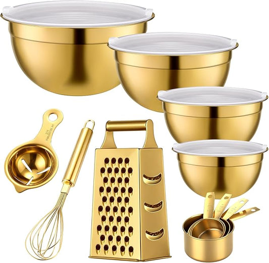 LemonRoad 8 Pcs Gold Kitchen Accessories Set Includes 1.5/2/2.8/3.6 Qt Gold Mixing Bowls with Airtight Lids, 1 Set Stainless Steel Measuring Cups, Grater Slicer with Handle, Egg Beater, Egg Separator
