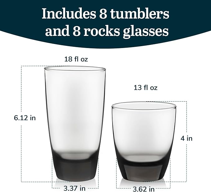 Libbey Classic Rocks and Tumbler Glasses Set of 16, Smoke Hue, Lead-Free Water Glasses, Dishwasher Safe Drinking Glasses Set