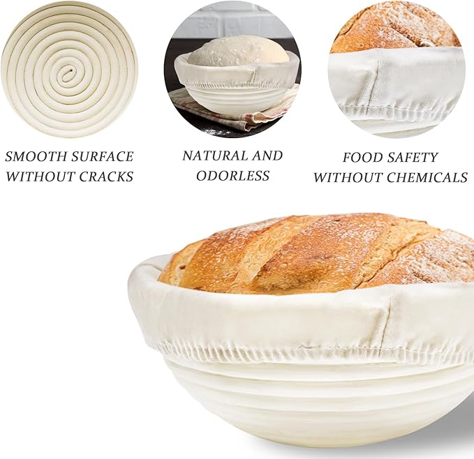 Rattan Proofing Basket Round - 4 Pack 9 Inch Natural Release Handwoven Design with Removable Linen Liners - Easy Clean for Sourdough Beginner Homemade Bread