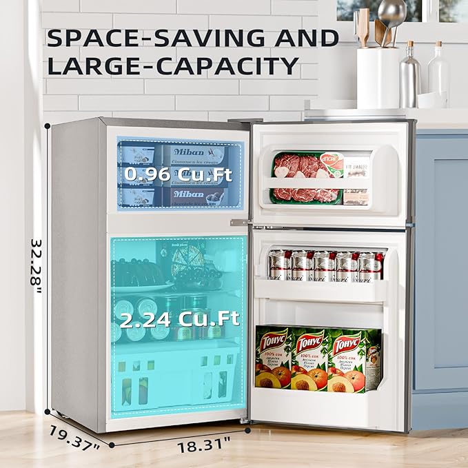 Antarctic Star 3.2 Cu.Ft,Mini Refrigerator with Freezer,Double Door Mini Fridge,Compact Refrigerator,Adjustable Thermostat,Mini Refrigerator for Bedroo/Office/Dorm/Kitchen(GRAY)