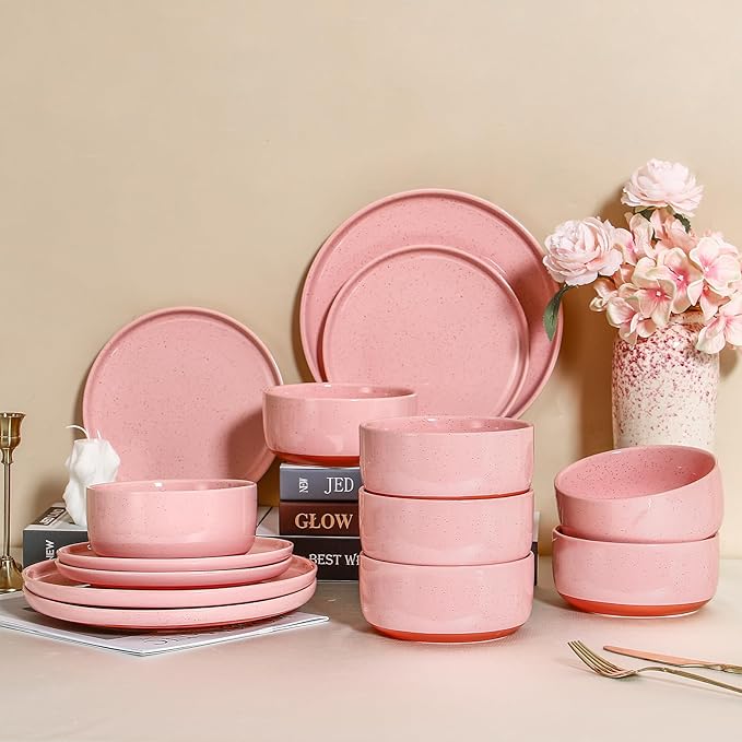 GZG Modern Art Series - 24 Pcs Speckled Stoneware Plates and Bowls Sets, Ceramic Dinnerware Set with Rustic Terracotta Underside, Microwave and Dishwasher Safe Handcrafted Dishes Set - Blush Pink