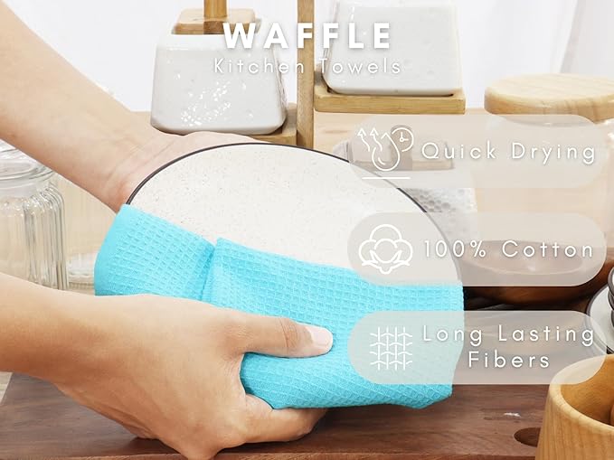 PurpleEssences Waffle Weave Kitchen Towel, 100% Cotton 15x25 Inches, with Hanging Loop Soft Absorbent Quick Drying Dish Cloth, Tea and Hand Towels, 6 Pack - Christmas Holiday Winter - Aqua Blue