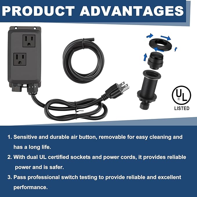 Garbage Disposal Air Switch Kit Dual Outlet Sink Top Waste Disposal On/off Stainless Steel Satin Nickel Button Extra Long Food and Waste Disposer, UL List (Black)