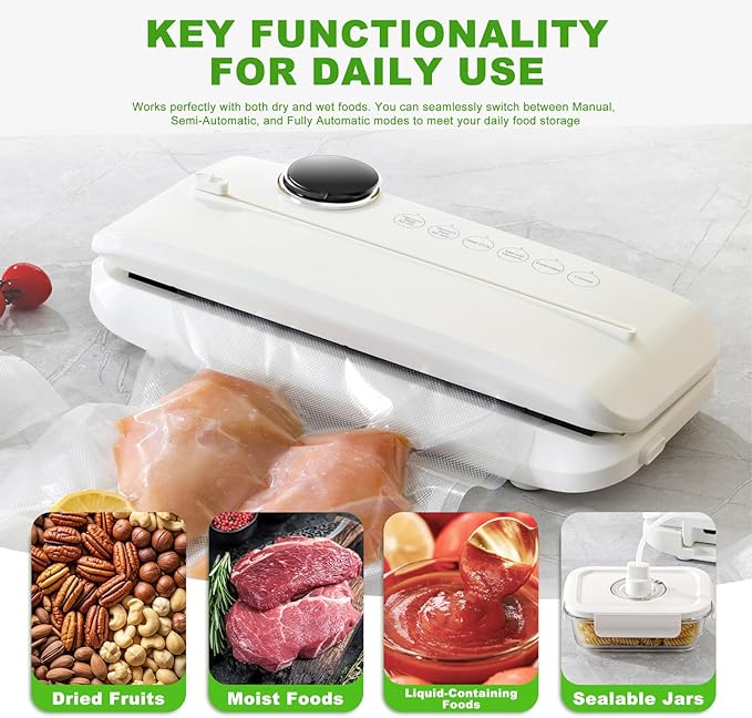 Vacuum Sealer - 90kPa Suction, 180W Motor, 30-Cycle Continuous Use, One-Touch Automatic - Dry/Wet Modes, Air-Tight Seal with Container Tube for Kitchen Use, Food Storage.