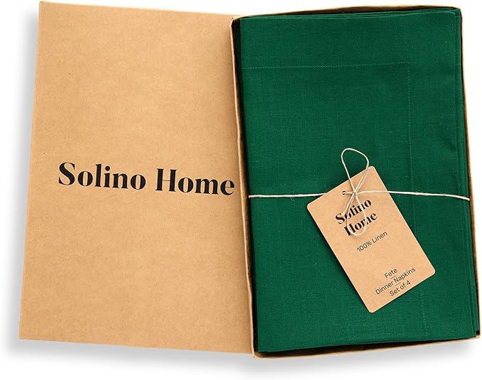Solino Home Linen Napkins Set of 4-100% Pure Linen Christmas Green Dinner Napkins Cloth 20 x 20 Inch - Fete, Handcrafted and Machine Washable
