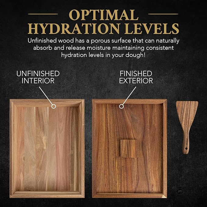 Wooden Pizza Dough Proofing Box w/Lid – 16” x 12” – Made From Natural Acacia Wood – Proofing Container Tray for Home Kitchen with Dough Spatula and Pizza Dough Recipe Book