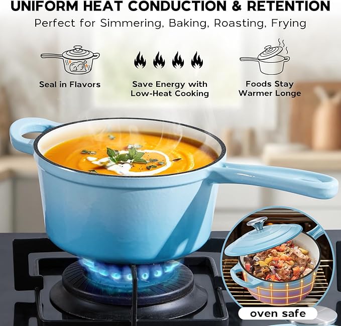 Onader 2 Quart Enameled Cast Iron Saucepan, Small Cast Iron Sauce Pan Pot for Cooking, Enamel Dutch Oven Kitchen Pot – Lake Blue