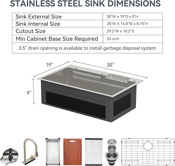 30 Kitchen Sink Drop In with Faucet - Lordear 30x19 Inch Waterfall Kitchen Sinks Topmount Stainless Steel 16 Gauge Single Bowl Workstation Kitchen Sink With Faucet Combo
