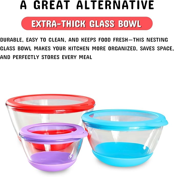 Glass Mixing Bowls Set of 3 with BPA-Free Airtight Lids, Large Nesting Bowls with Non-Slip Silicone Base, Ideal for Food Storage, Dishwasher & Microwave Safe, 2, 1, 0.5 QT Purple Blue Red
