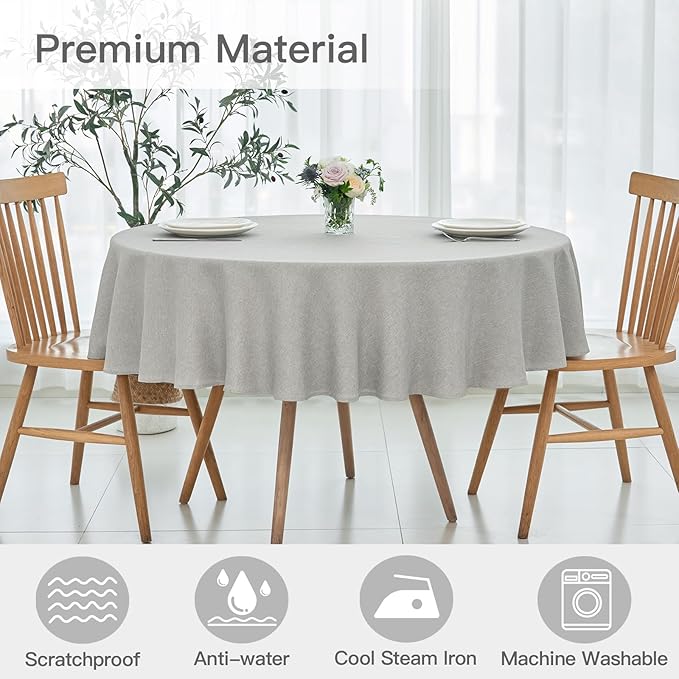 maxmill Linen Textured Tablecloth Spill-Proof Stainproof Wrinkle Free Washable Fabric Table Cloth for Circular Table Cover, Dining Room Buffet Banquet Party Holiday Dinner, Round 70 Inch Light Grey