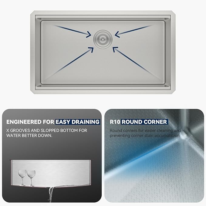 Lordear 33 Inch Undermount Kitchen Sink Honeycomb Finish 16 Gauge Stainless Steel Single Bowl Workstation Sinks Scratch Resistant Handmade Under Counter Sink Basin