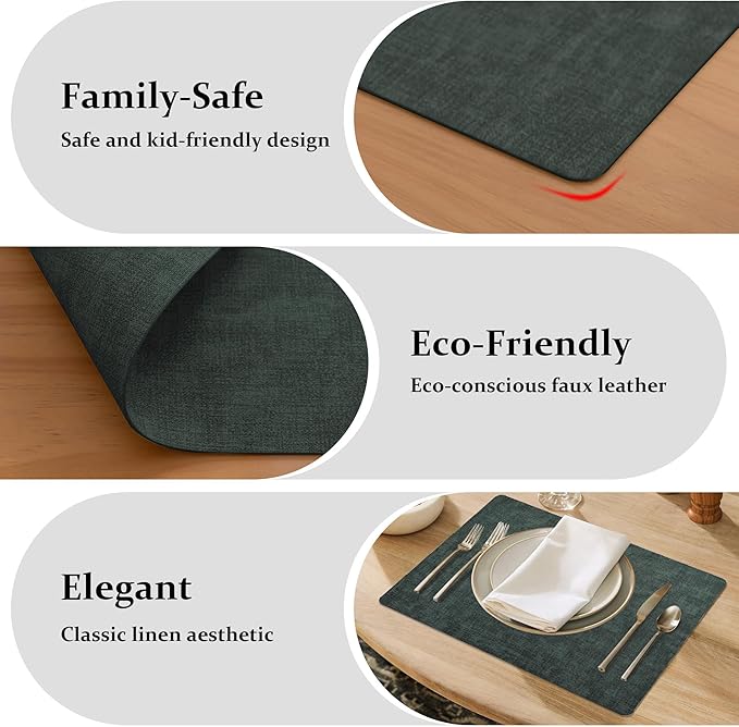 FROMHEART Faux Leather Placemats Set of 6–Waterproof,Heat/Oil Stain-Resistant PU Table Mat–Reversible,Non-Slip,Easy to Clean Place Mats for Kitchen,Dining,Indoor/Outdoor,(Dark Green,11.8" x 17")