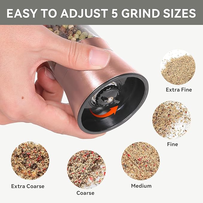 Copper Stainless Steel Salt and Pepper Grinder Set Manual Himalayan Pink Salt Mill|Salt and Pepper Shakers with Adjustable Coarseness and Clear Glass Body (Pack of 2)