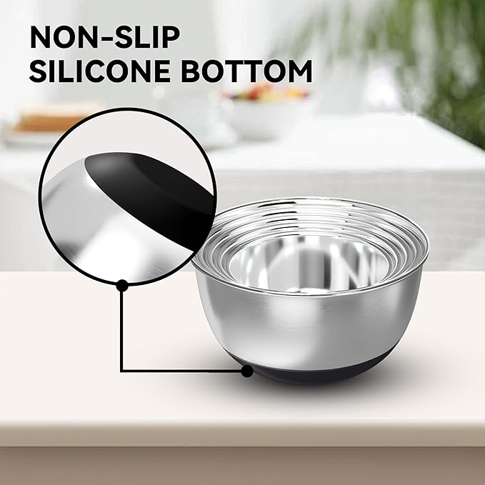 Stainless Steel Mixing Bowls with Lids – Set of 5 Large Nesting Metal Bowls for Kitchen, Baking, Cooking, Food Prep & Storage, Non-Slip Base, Dishwasher Safe,Black