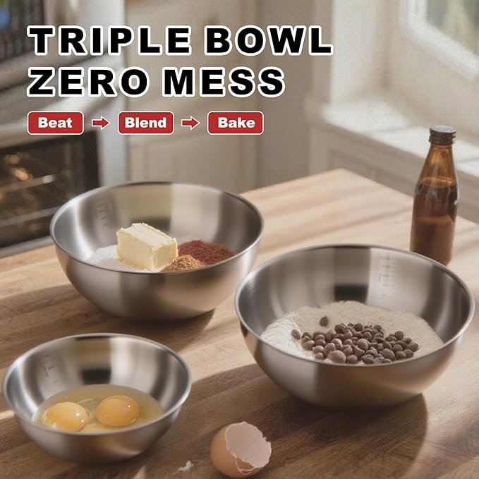 Stainless Steel Mixing Bowls, Three nested Large Mixing Bowls Stainless Steel with scale Perfect for Your Kitchen Needs Like Cooking,Baking, and Making Salads