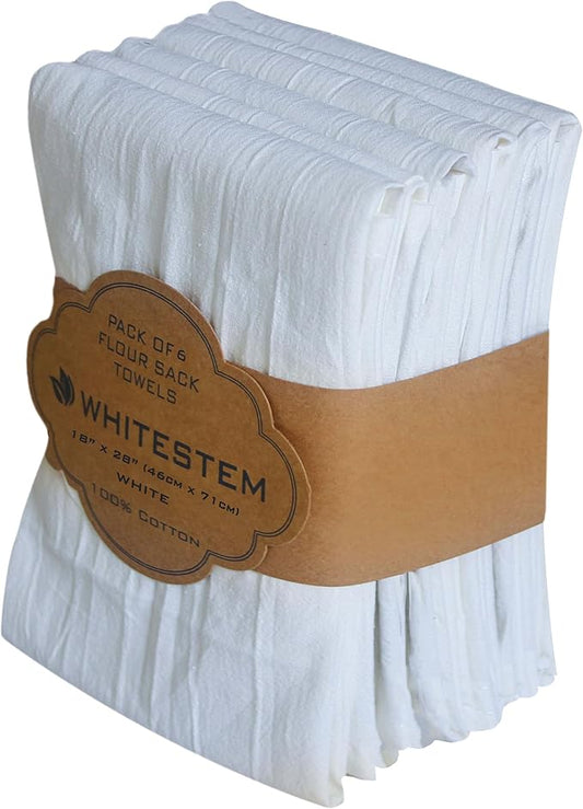 Flour Sack Towels | Tea Towel for Crafts| Kitchen | Dish | Cotton Blank Towel for Embroidery| Baking Bread Proofing Linen Cover| Thick Absorbent Quick Dry | 6 Pack 18"x28" White