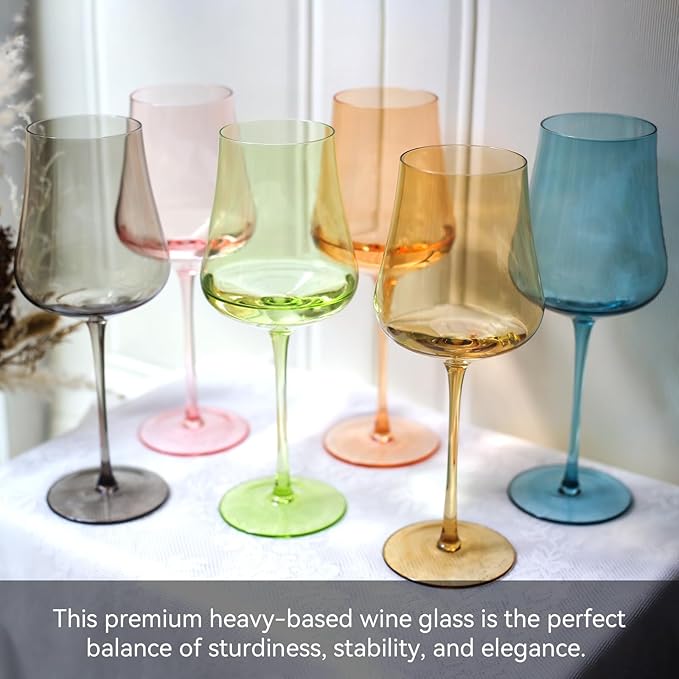 Colored Wine Glasses Set of 6-18oz Hand Blown Colorful Wine glasses - Unique Gift for Birthday,Wedding, housewarming