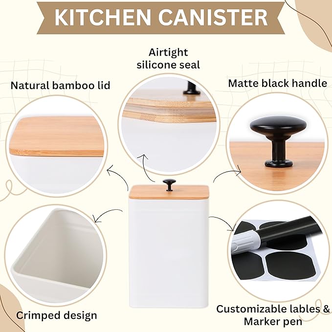 PERFNIQUE Kitchen Canisters, Airtight Canister Sets for Kitchen Counter, Kitchen Canisters for Countertop Set of 4, Coffee Tea Sugar Flour Spice Tin Jars Food Storage Container with Lid(White)