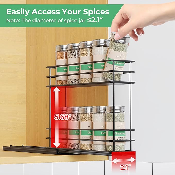 Pull Out Spice Rack Organizer for Cabinet, Slide Out Spice Racks, Easy to Install Spice Cabinet Organizer, 2.1''Wx10.35''Dx8.26''H, 1 Drawers 2 Tiers（Black）