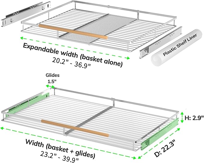 Expandable Pull Out Drawer Cabinet Organizers, Heavy Duty Slide Out Storage Shelf for Home Kitchen Pantry Cupboard Pots Pans, Adjustable Width from 23.2"~39.9", Stainless Steel 2 Pack
