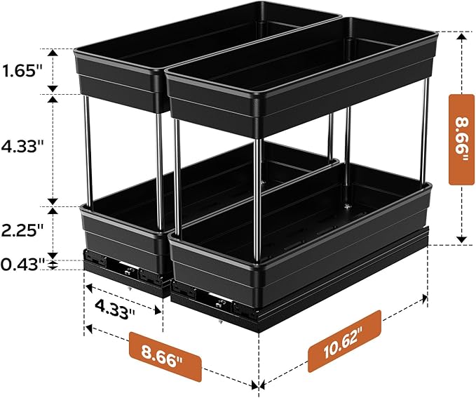 Pull Out Spice Rack Organizer for Cabinet, Slide Out Spice Racks Organizer, Easy to Install Spice Cabinet Organizers, 4.3''Wx10.6''Dx8.7''H, 2 Pack-2 Tier(Black)