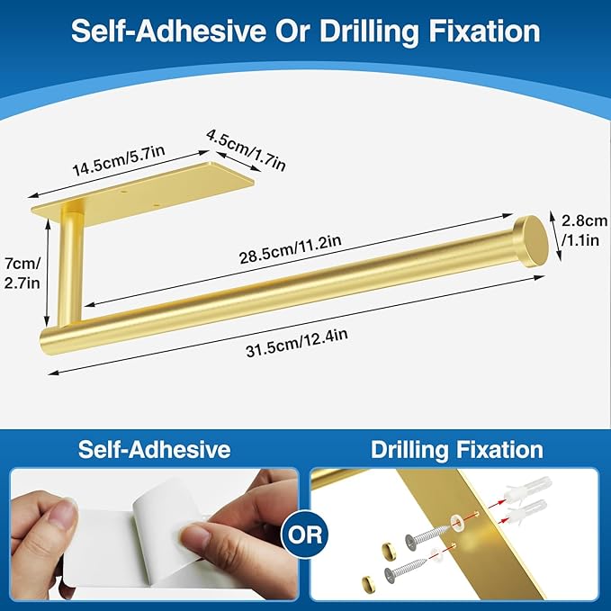 Paper Towel Holder - Self-Adhesive or Drilling, Gold, Wall Mounted, SUS304 Stainless Steel Kitchen Roll Dispenser Under Cabinet