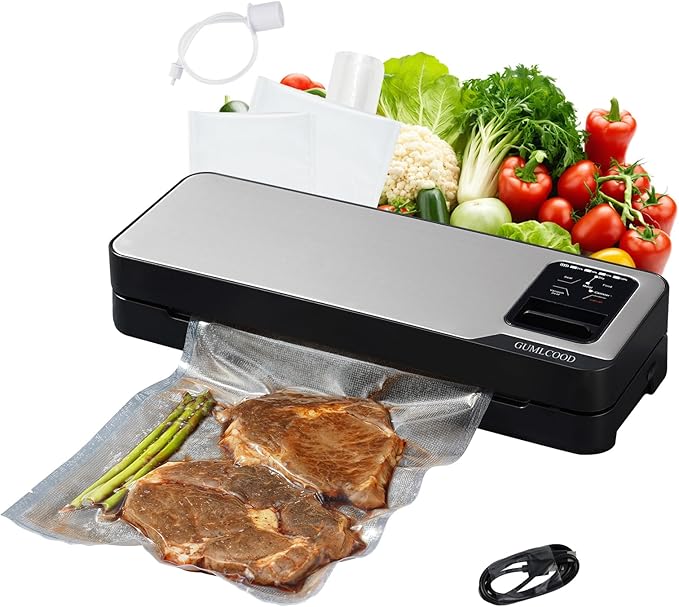 Cordless Food Vacuum Sealer Machine, 75Kpa Strong Suction, Rechargeable Dry & Moist Food Modes Food Sealer, Compact, Stainless Steel, Built-in Cutter for Home Kitchen Camping Fishing Picnic